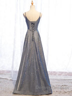 A Line V Neck Silver Gray Long Prom Dress, Gray Long Formal Evening Dress