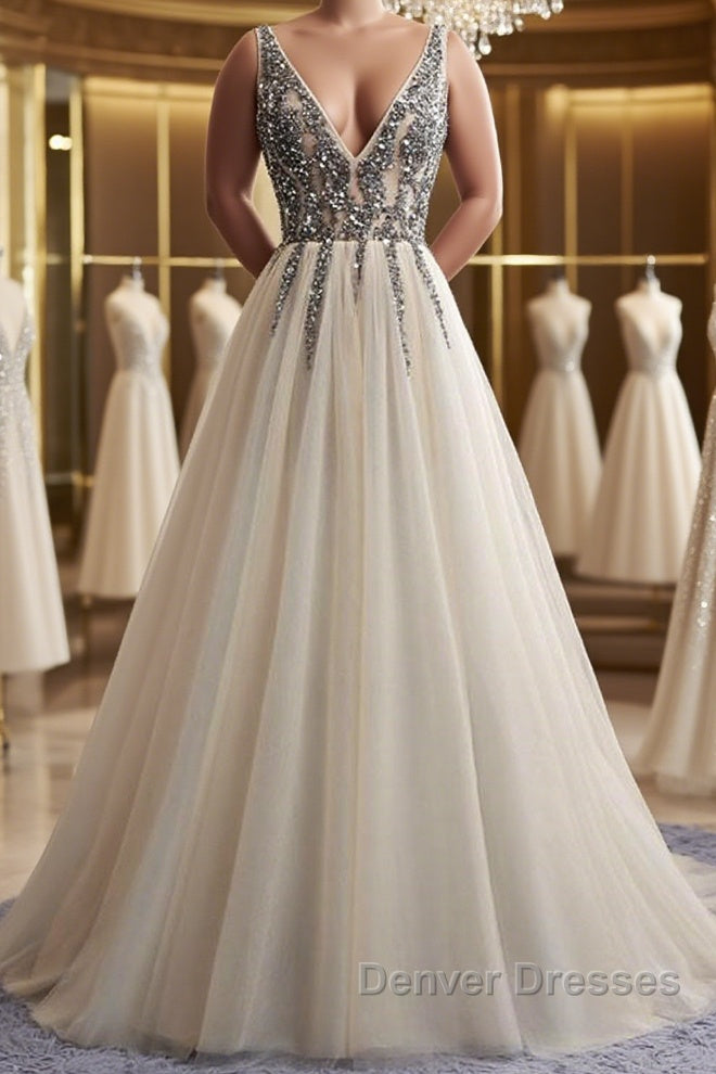 A Line V Neck Silver Gray Long Prom Dress, Silver Grey Beaded Long Formal Evening Dress