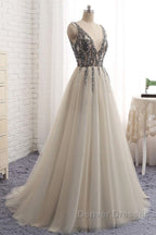 A Line V Neck Silver Gray Long Prom Dress, Silver Grey Beaded Long Formal Evening Dress