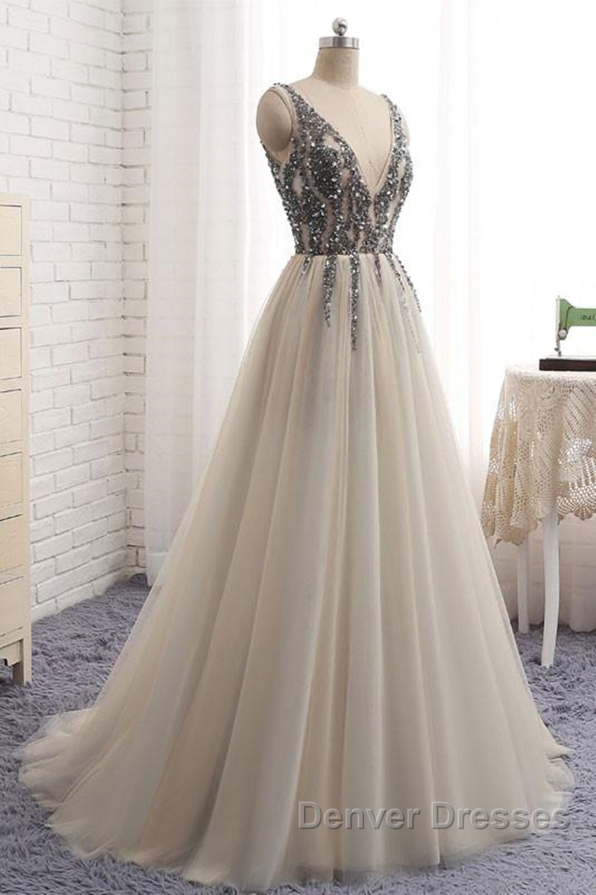 A Line V Neck Silver Gray Long Prom Dress, Silver Grey Beaded Long Formal Evening Dress