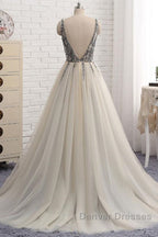 A Line V Neck Silver Gray Long Prom Dress, Silver Grey Beaded Long Formal Evening Dress