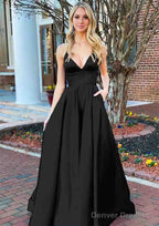 A-line V Neck Sleeveless Charmeuse Long/Floor-Length Prom Dresses With Pockets