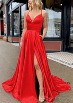 A-line V Neck Sleeveless Charmeuse Sweep Train Prom Dresses With Pockets