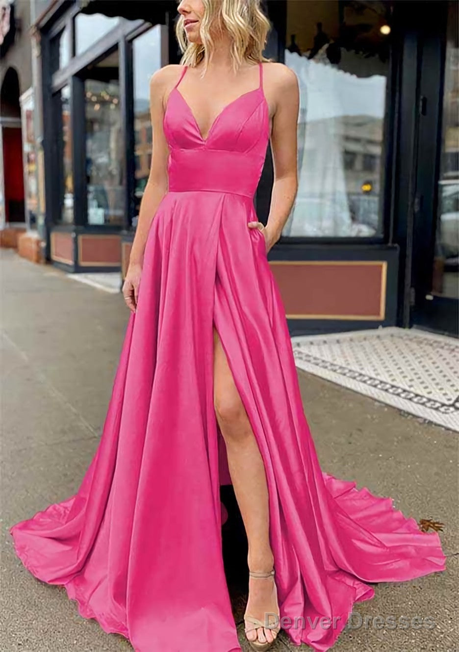 A-line V Neck Sleeveless Charmeuse Sweep Train Prom Dresses With Pockets