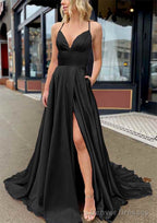 A-line V Neck Sleeveless Charmeuse Sweep Train Prom Dresses With Pockets