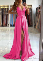A-line V Neck Sleeveless Charmeuse Sweep Train Prom Dresses With Split