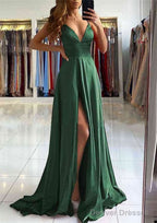 A-line V Neck Sleeveless Charmeuse Sweep Train Prom Dresses With Split