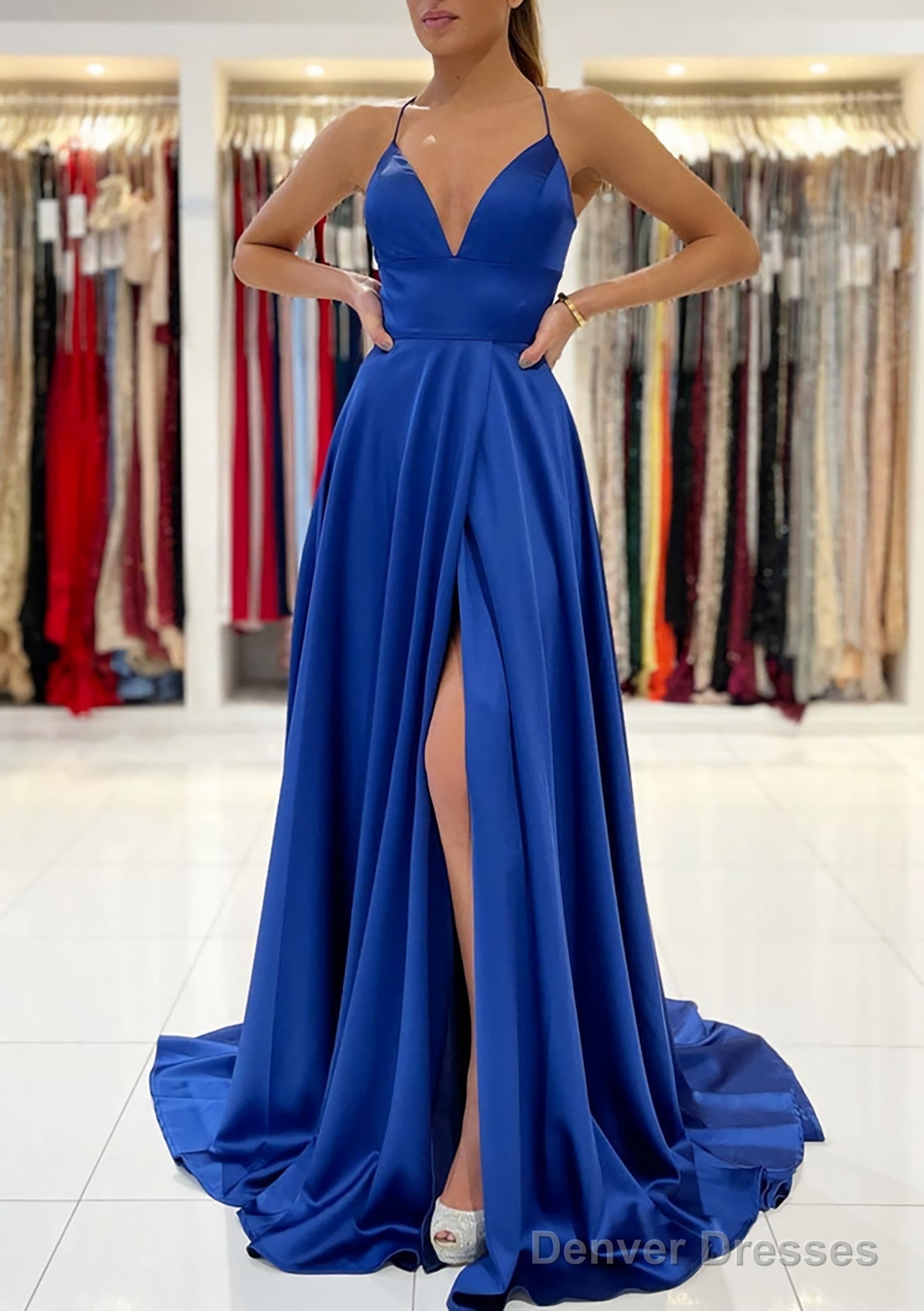 A-line V Neck Sleeveless Charmeuse Sweep Train Prom Dresses With Split