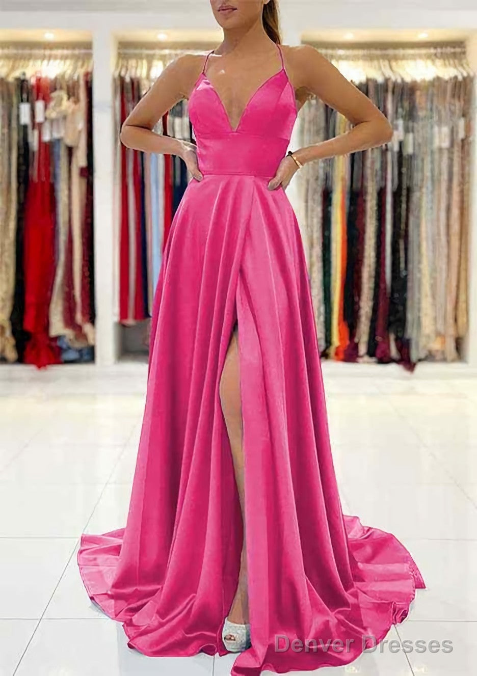 A-line V Neck Sleeveless Charmeuse Sweep Train Prom Dresses With Split