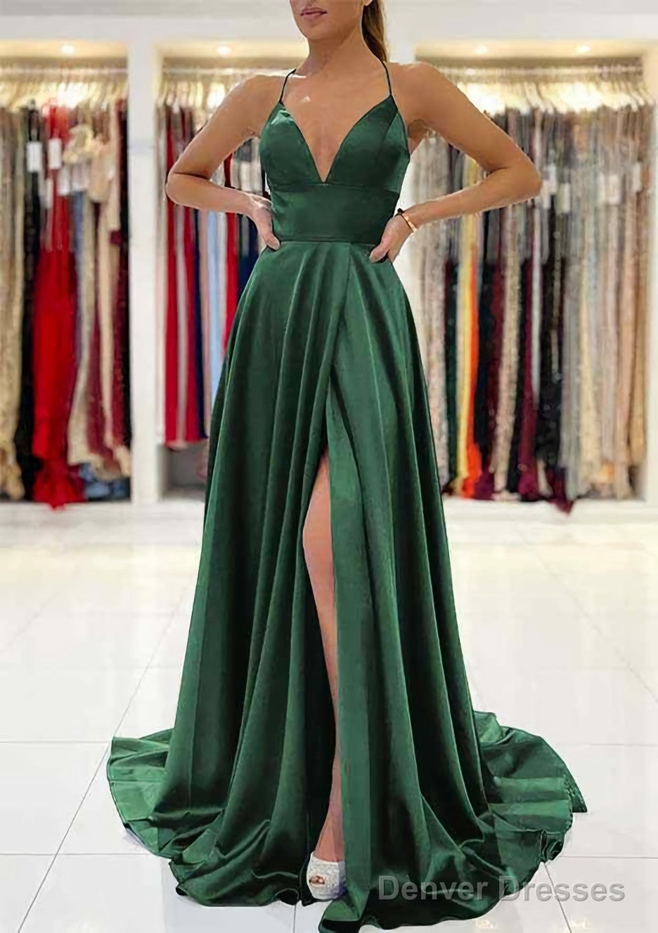 A-line V Neck Sleeveless Charmeuse Sweep Train Prom Dresses With Split