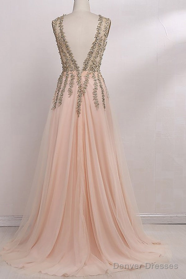 A-Line V-Neck Sleeveless Floor-Length With Beading Tulle Prom Dresses Secondary image