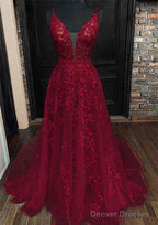 A-line V Neck Sleeveless Lace Court Train Prom Dresses With Pleated
