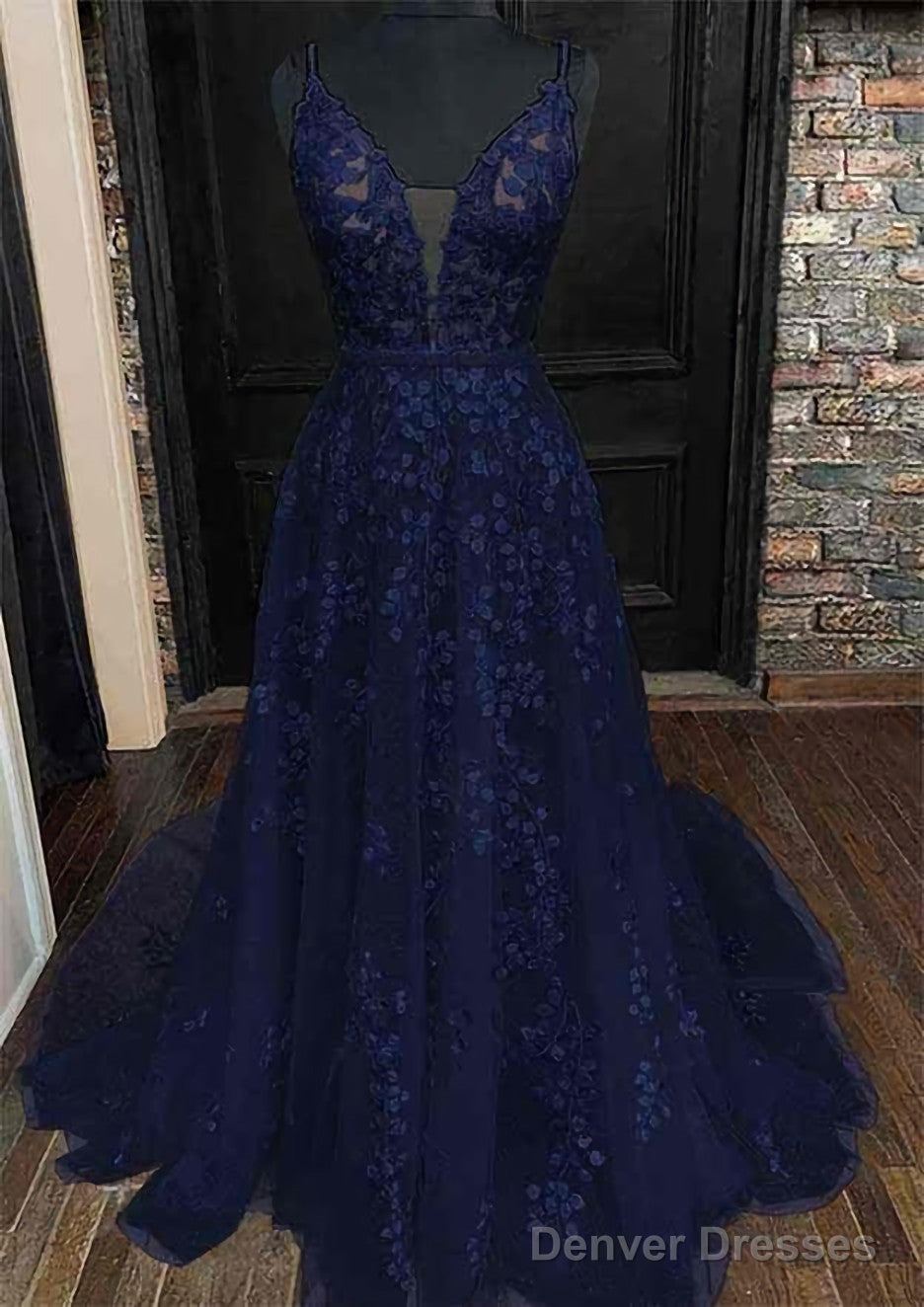 A-line V Neck Sleeveless Lace Court Train Prom Dresses With Pleated