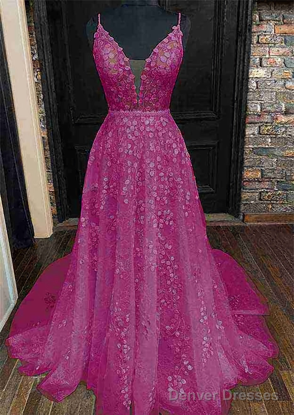A-line V Neck Sleeveless Lace Court Train Prom Dresses With Pleated