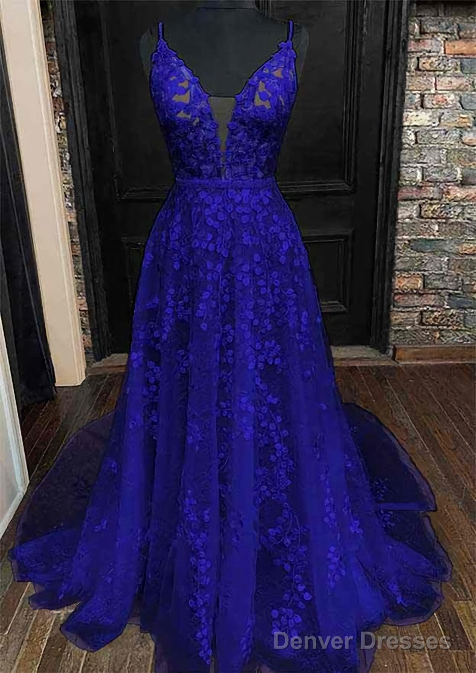 A-line V Neck Sleeveless Lace Court Train Prom Dresses With Pleated