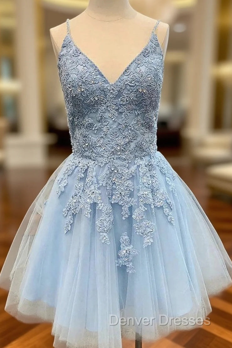 A-line V Neck Sleeveless Lace Tulle Satin Short/Mini Homecoming Dress With Appliqued Sequins