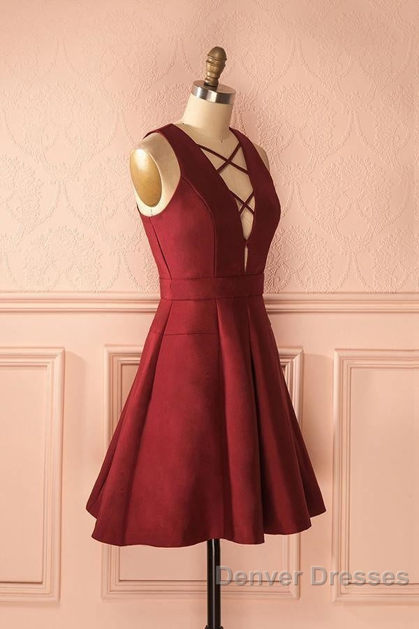 A-Line V-Neck Sleeveless Lace-Up Short Burgundy Satin Homecoming Dress Secondary image