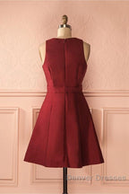 A-Line V-Neck Sleeveless Lace-Up Short Burgundy Satin Homecoming Dress
