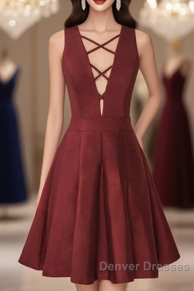A-Line V-Neck Sleeveless Lace-Up Short Burgundy Satin Homecoming Dress Main image