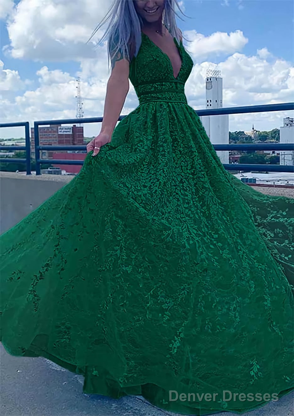 A-line V Neck Sleeveless Long/Floor-Length Lace Tulle Prom Dresses With Beading Sequins