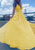 A-line V Neck Sleeveless Long/Floor-Length Lace Tulle Prom Dresses With Beading Sequins