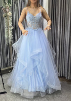 A-line V Neck Sleeveless Long/Floor-Length Tulle Charmeuse Prom Dresses With Appliqued Lace