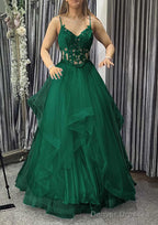 A-line V Neck Sleeveless Long/Floor-Length Tulle Charmeuse Prom Dresses With Appliqued Lace