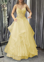 A-line V Neck Sleeveless Long/Floor-Length Tulle Charmeuse Prom Dresses With Appliqued Lace