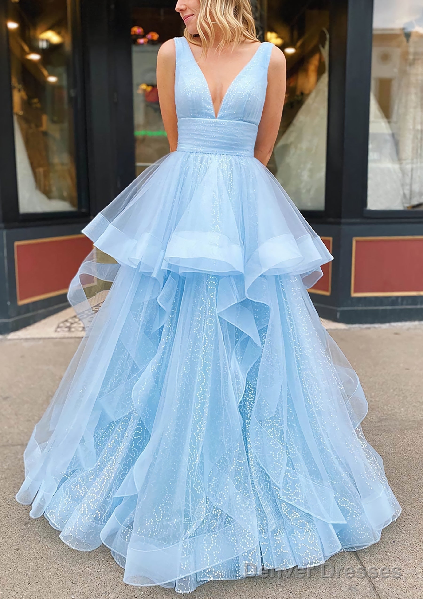 A-line V Neck Sleeveless Long/Floor-Length Tulle Glitter Prom Dresses With Pleated