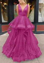 A-line V Neck Sleeveless Long/Floor-Length Tulle Glitter Prom Dresses With Pleated