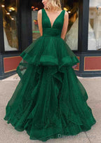 A-line V Neck Sleeveless Long/Floor-Length Tulle Glitter Prom Dresses With Pleated