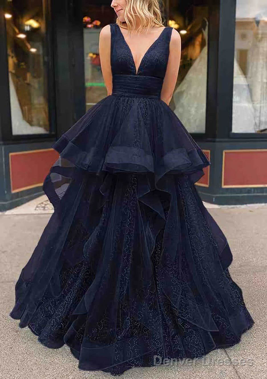 A-line V Neck Sleeveless Long/Floor-Length Tulle Glitter Prom Dresses With Pleated Secondary image