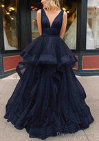 A-line V Neck Sleeveless Long/Floor-Length Tulle Glitter Prom Dresses With Pleated