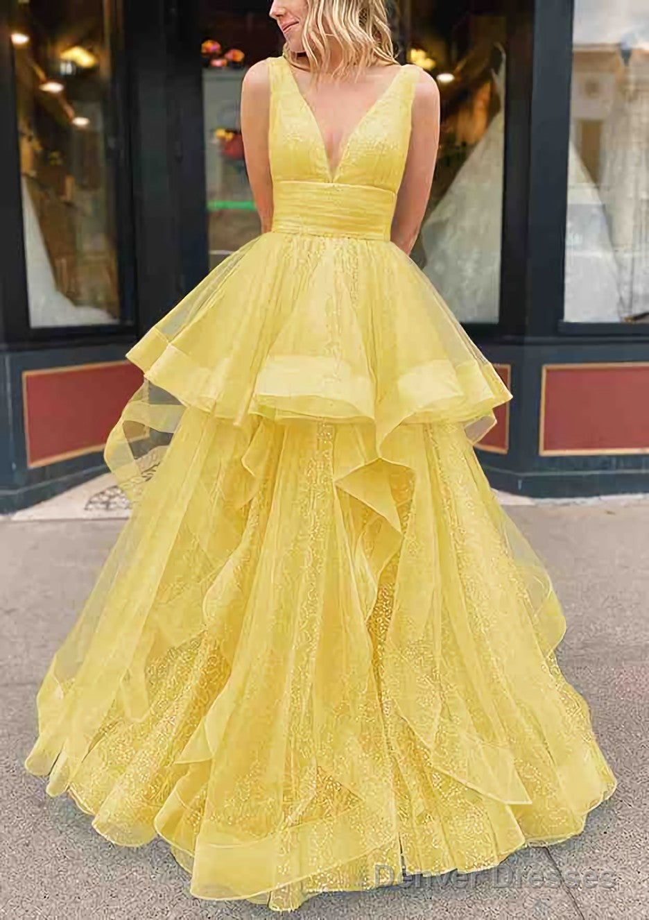 A-line V Neck Sleeveless Long/Floor-Length Tulle Glitter Prom Dresses With Pleated