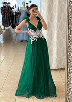 A-line V Neck Sleeveless Long/Floor-Length Tulle Prom Dresses With Appliqued Beading Flowers