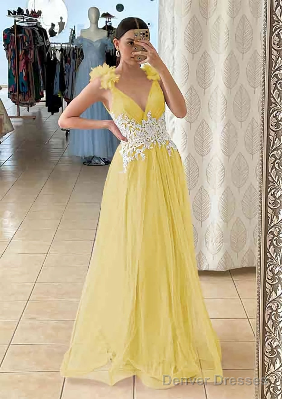A-line V Neck Sleeveless Long/Floor-Length Tulle Prom Dresses With Appliqued Beading Flowers