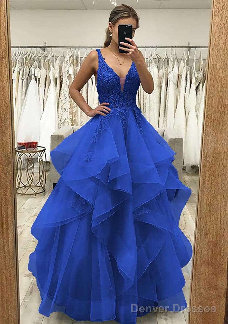 A-line V Neck Sleeveless Long/Floor-Length Tulle Satin Prom Dresses With Lace Appliqued
