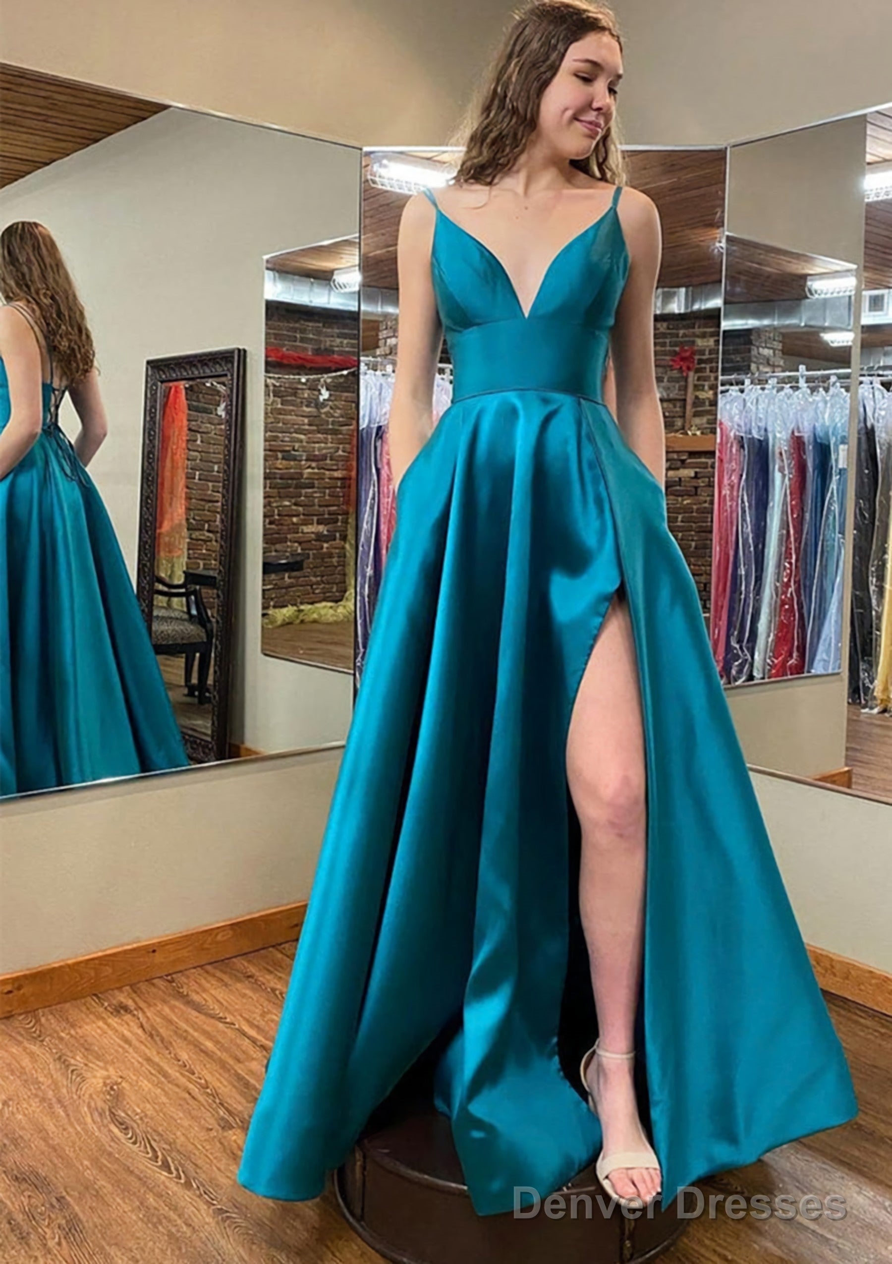 A-line V Neck Sleeveless Satin Long/Floor-Length Prom Dresses With Pockets Split Main image
