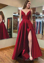 A-line V Neck Sleeveless Satin Long/Floor-Length Prom Dresses With Pockets Split