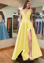 A-line V Neck Sleeveless Satin Long/Floor-Length Prom Dresses With Pockets Split
