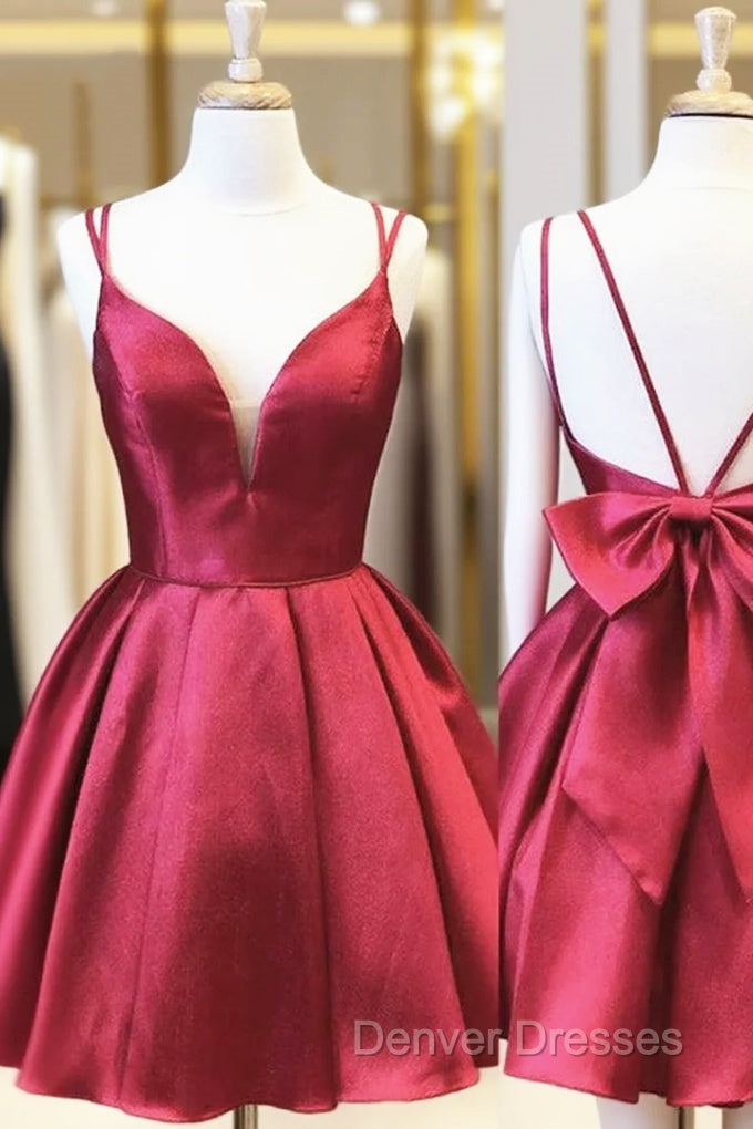 A-line V Neck Sleeveless Satin Short/Mini Homecoming Dress With Bowknot Main image