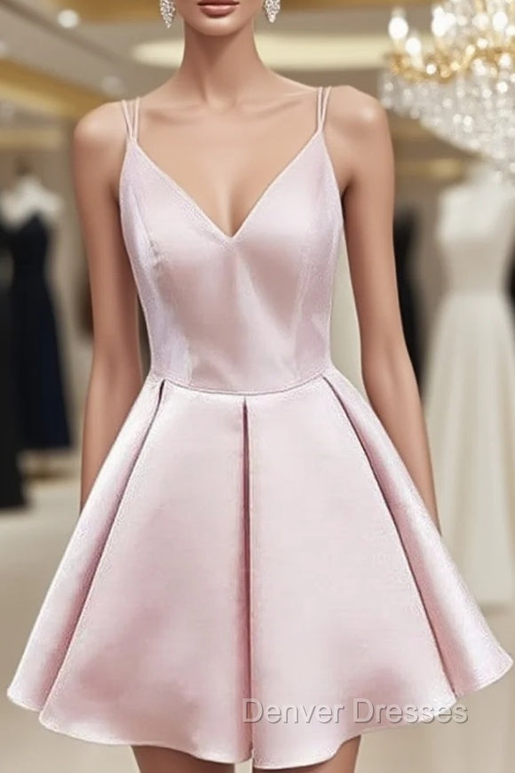 A-line V Neck Sleeveless Satin Short/Mini Homecoming Dress With Ruffles