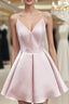 A-line V Neck Sleeveless Satin Short/Mini Homecoming Dress With Ruffles