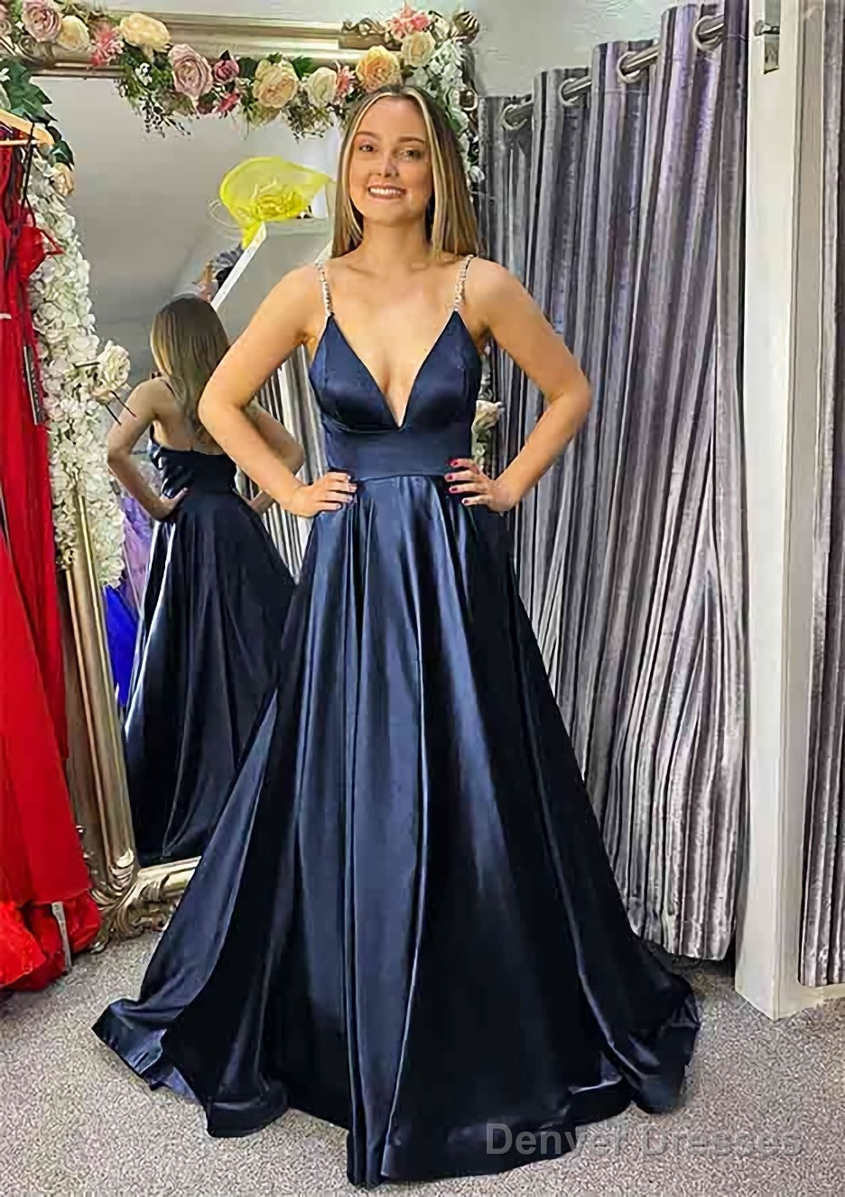 A-line V Neck Sleeveless Satin Sweep Train Prom Dresses With Beading Secondary image