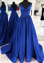 A-line V Neck Sleeveless Satin Sweep Train Prom Dresses With Pleated