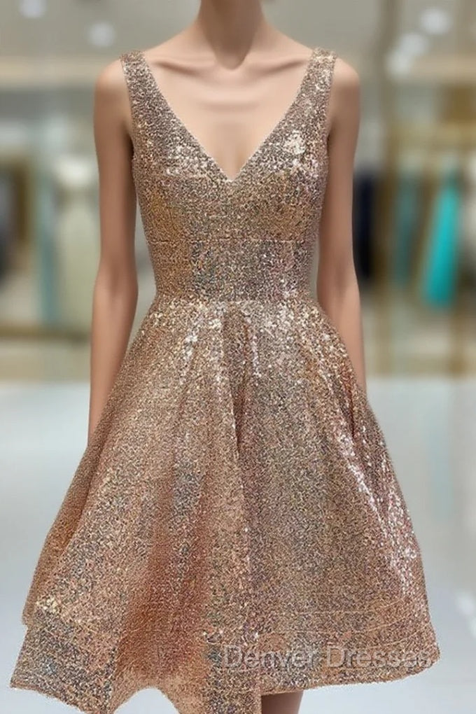 A-line V Neck Sleeveless Sequined Knee-Length Homecoming Dress Main image