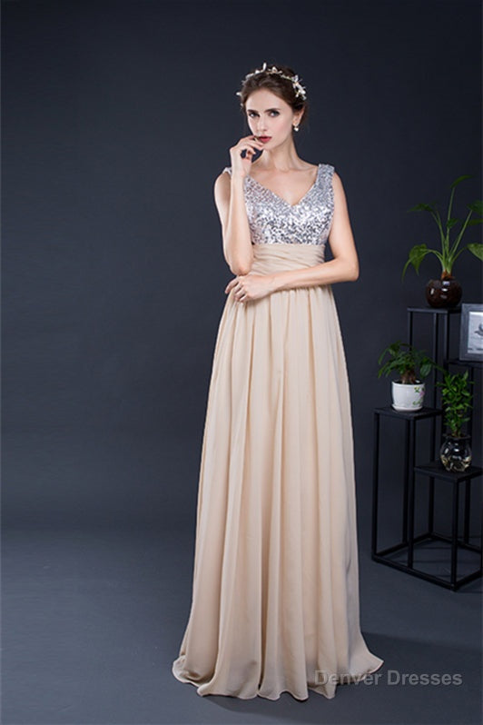 A Line V-Neck Sleeveless Sequins Chiffon Floor Length Prom Dresses Main image