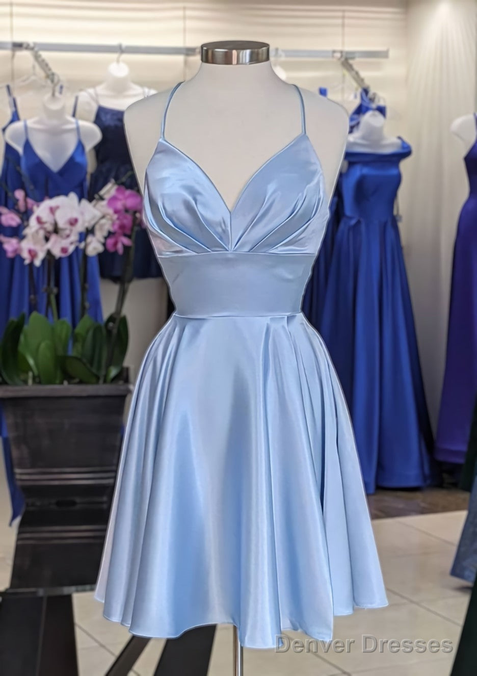 A-line V Neck Sleeveless Short/Mini Charmeuse Homecoming Dresses with Pleated Main image
