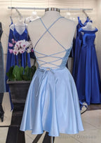 A-line V Neck Sleeveless Short/Mini Charmeuse Homecoming Dresses with Pleated