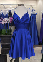 A-line V Neck Sleeveless Short/Mini Charmeuse Homecoming Dresses with Pleated
